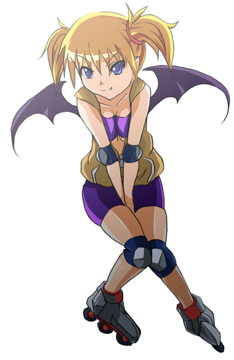 ryu jin fifth, lilica felchenerow, aq interactive, arcana heart, atlus, examu, 1girl, bat wings, between legs, blonde hair, blue eyes, breasts, breasts squeezed together, demon girl, elbow pads, fang, female focus, hand between legs, inline skates, knee pads, pointy ears, roller skates, skates, small breasts, solo, spandex, twintails, wings