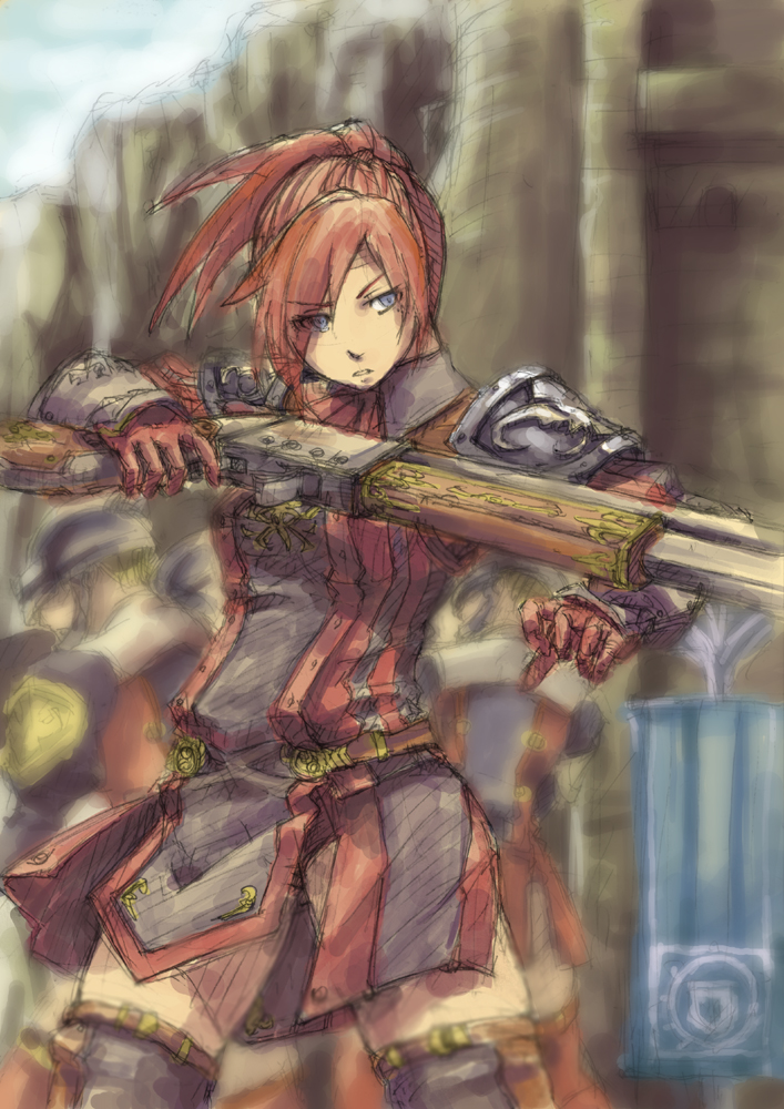 suzuno (bookshelf), elivira gogol, final fantasy, final fantasy xi, bad id, bad pixiv id, 00s, 1girl, female focus, gun, hume, outdoors, ponytail, sky, solo, weapon