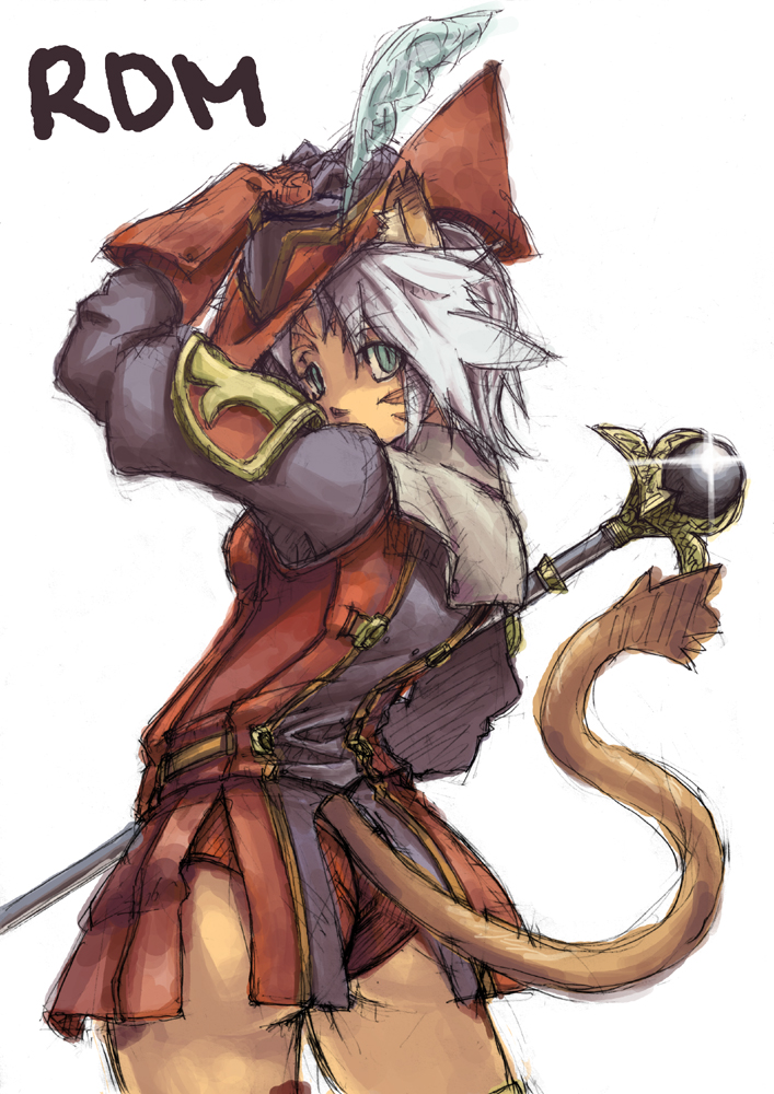 suzuno (bookshelf), mithra (ff11), red mage (final fantasy), final fantasy, final fantasy xi, silver hair, bad id, bad pixiv id, 00s, 1girl, animal ears, arm up, ass, blush, cat ears, cat girl, cat tail, clothing cutout, female focus, from behind, green eyes, looking at viewer, looking back, simple background, solo, standing, tail, tail through clothes, white background