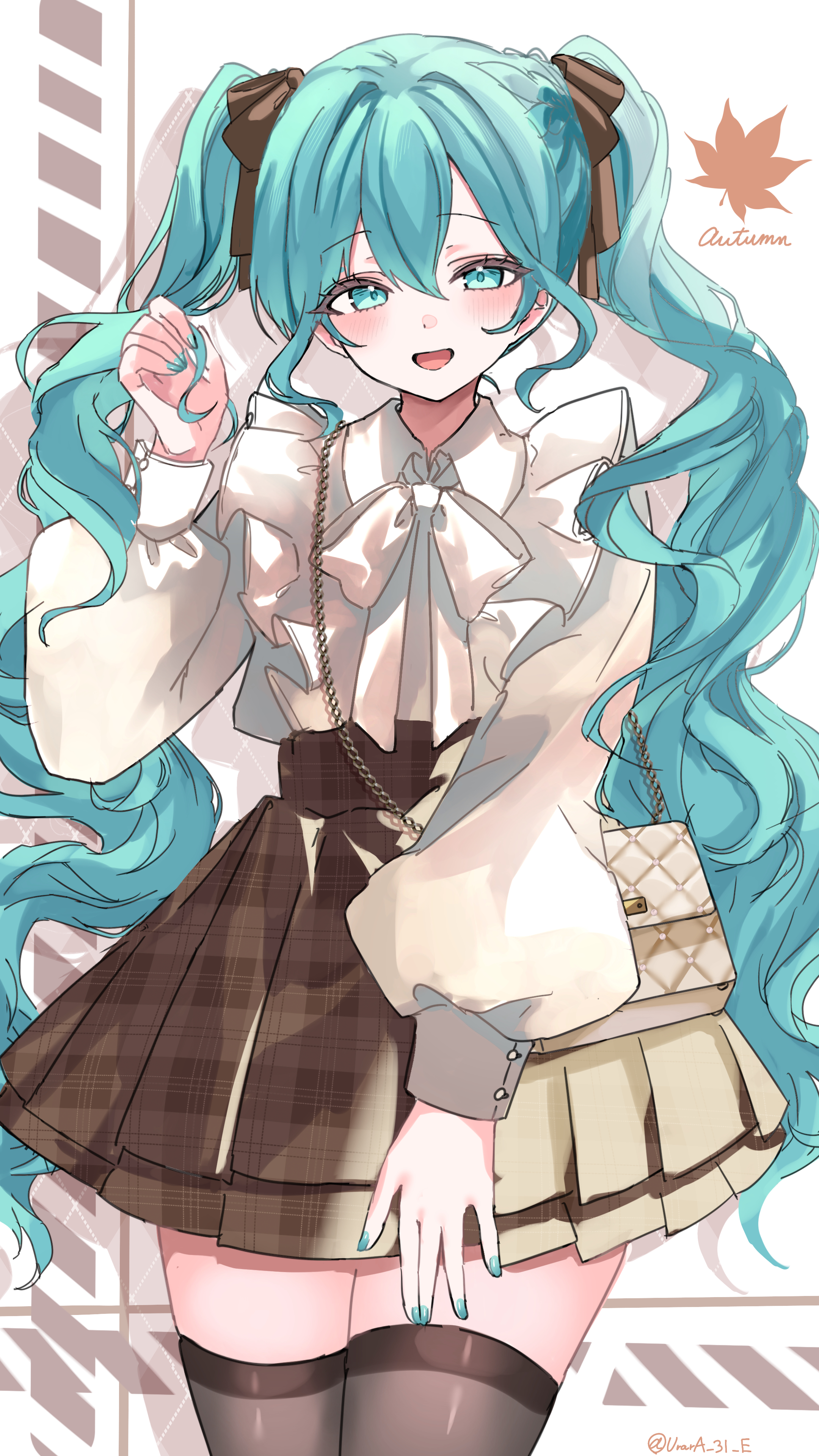 urara 31 e, hatsune miku, vocaloid, absurdres, highres, 1girl, alternate costume, aqua eyes, aqua hair, aqua nails, brown skirt, cowboy shot, hair ribbon, hand up, long hair, long sleeves, looking at viewer, nail polish, open mouth, plaid clothes, plaid skirt, pleated skirt, ribbon, shirt, skirt, solo, thighhighs, twintails, very long hair, white shirt, zettai ryouiki