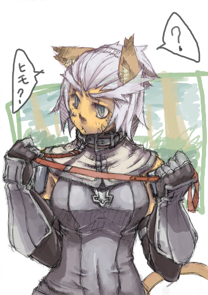 suzuno (bookshelf), mithra (ff11), final fantasy, final fantasy xi, bad id, bad pixiv id, translated, 00s, 1girl, ?, animal ear fluff, animal ears, armor, blue eyes, breasts, collar, female focus, furry, furry female, leash, no pussy, outdoors, ringed eyes, solo, speech bubble, tail