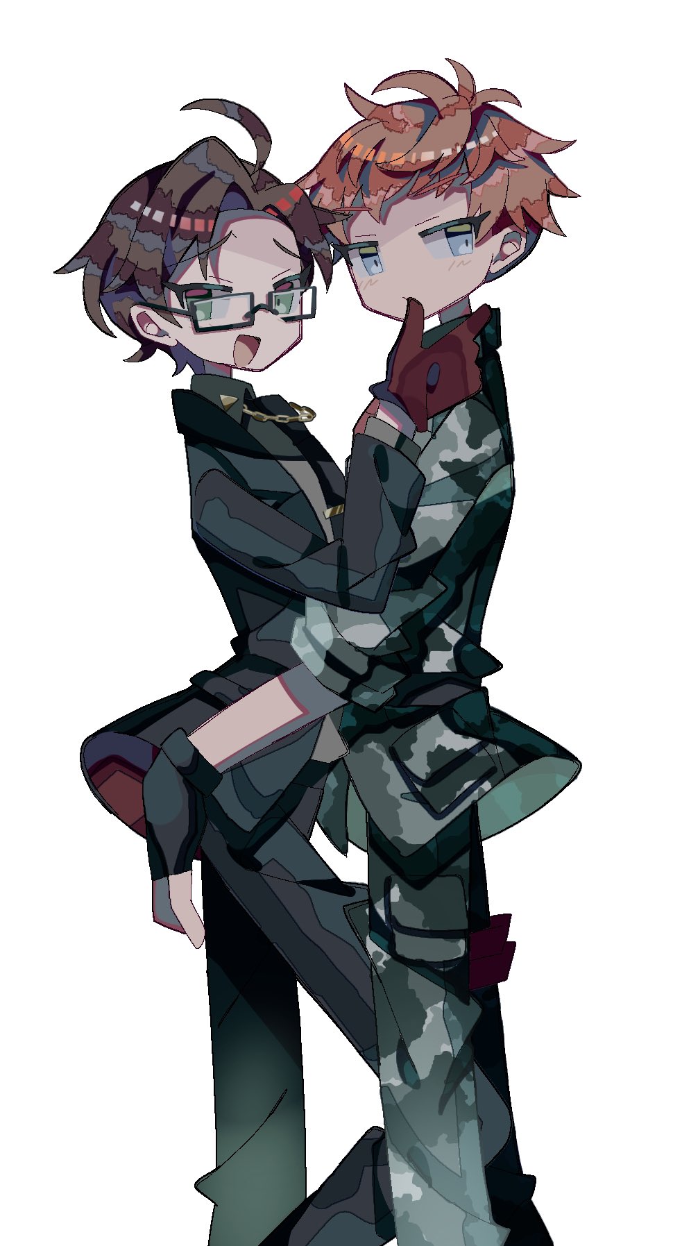 busujima mason rio, pomakun, iruma jyuto, hypnosis mic, commentary request, highres, 2boys, :d, ahoge, belted jacket, black gloves, black jacket, black pants, blue eyes, blush, brown hair, camouflage, camouflage jacket, camouflage pants, choppy bangs, collar chain (jewelry), collared shirt, curtained hair, expressionless, feet out of frame, fingerless gloves, floating clothes, from side, gloves, green eyes, grey jacket, grey shirt, hand on another's face, hand on another's hip, hand up, jacket, jaggy lines, long sleeves, looking at viewer, male focus, multiple boys, open mouth, orange hair, pale skin, pants, raised inner eyebrows, red gloves, shirt, short hair, simple background, sleeves rolled up, smile, suit jacket, tie clip, two-sided fabric, two-sided jacket, very short hair, white background, yaoi