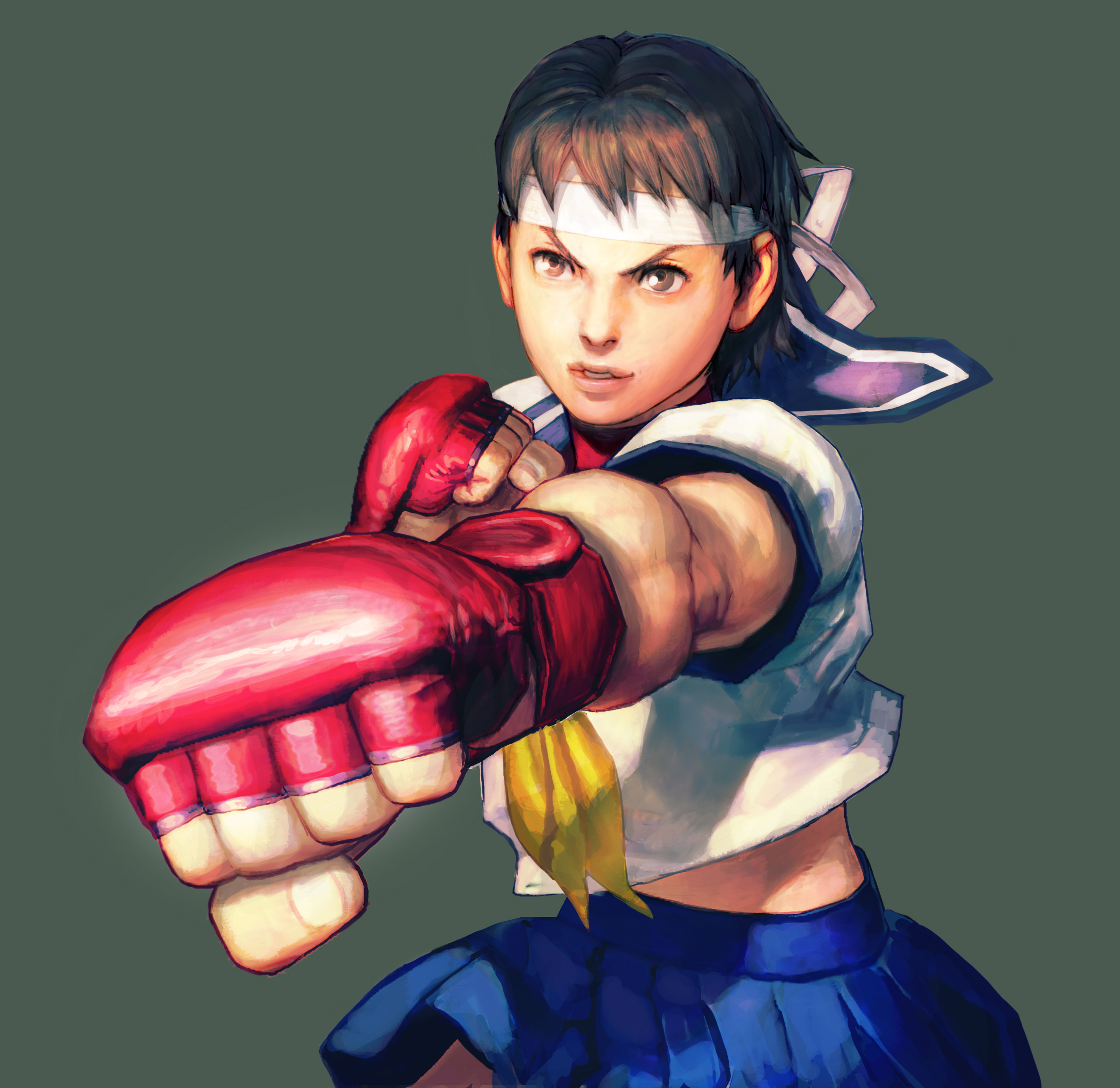 ikeno daigo, kasugano sakura, capcom, street fighter, street fighter iv (series), street fighter zero (series), highres, official art, 1990s (style), 1girl, blue sailor collar, breasts, brown eyes, brown hair, clenched hand, clenched hands, female focus, fingerless gloves, gloves, headband, legs, lips, midriff, miniskirt, neckerchief, necktie, retro artstyle, sailor collar, sailor crest, school uniform, serafuku, shirt, short hair, skirt, solo