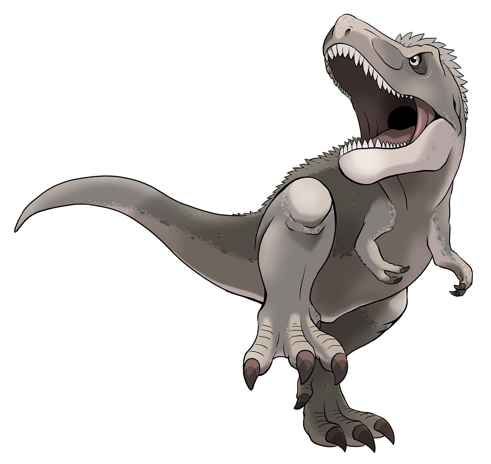 nintendo, pokemon, artist request, highres, official art, second-party source, animal focus, claws, dinosaur, monochrome, no humans, open mouth, sharp teeth, simple background, standing, standing on one leg, teeth, tyrannosaurus rex, white background