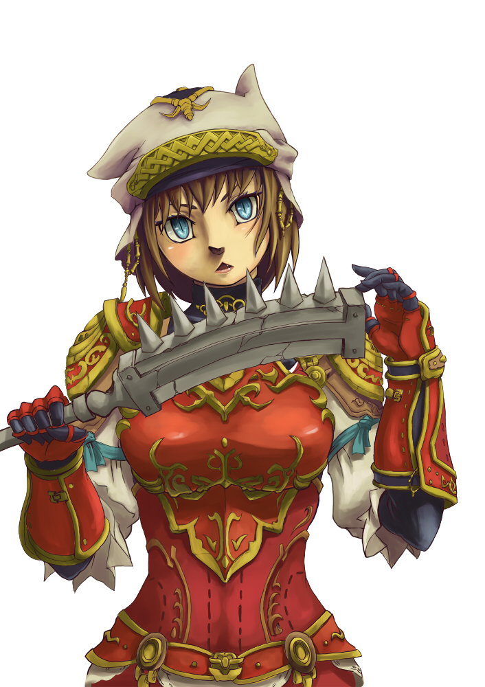 suzuno (bookshelf), mihli aliapoh, mithra (ff11), final fantasy, final fantasy xi, bad id, bad pixiv id, 00s, 1girl, armor, blue eyes, brown hair, club (weapon), dagger, female focus, gloves, hat, head tilt, holding, holding club, holding weapon, knife, red armor, short hair, simple background, solo, weapon, white hat