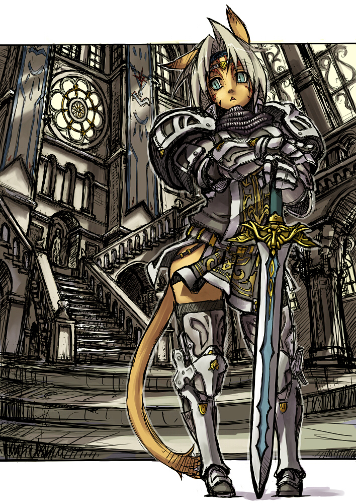 suzuno (bookshelf), mithra (ff11), final fantasy, final fantasy xi, bad id, bad pixiv id, 00s, 1girl, :<, armor, female focus, solo, triangle mouth