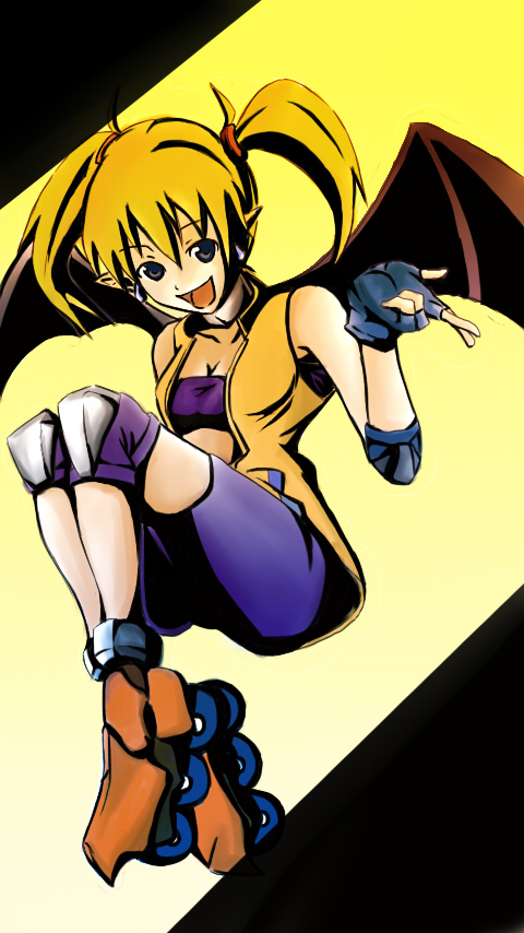 gakkun, lilica felchenerow, aq interactive, arcana heart, atlus, examu, bad id, bad pixiv id, 1girl, bat wings, blonde hair, demon girl, elbow pads, female focus, fingerless gloves, gloves, inline skates, knee pads, pointy ears, roller skates, skates, smile, solo, spandex, twintails, wings