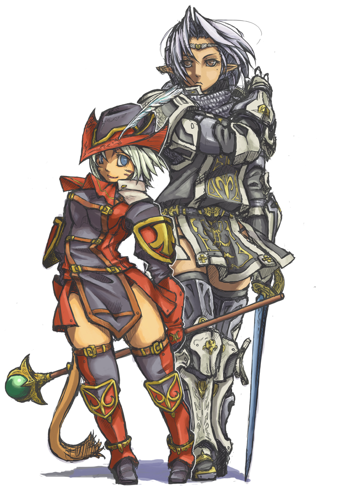 suzuno (bookshelf), elvaan, mithra (ff11), red mage (final fantasy), final fantasy, final fantasy xi, bad id, bad pixiv id, 00s, 2girls, armor, elf, multiple girls, pointy ears, red armor, thighhighs, white armor