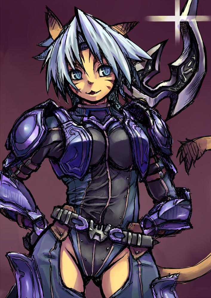 suzuno (bookshelf), mithra (ff11), final fantasy, final fantasy xi, bad id, bad pixiv id, 00s, 1girl, armor, belt, breasts, buckle, contrapposto, cowboy shot, facial mark, female focus, gauntlets, gradient background, green eyes, large breasts, leotard, looking at viewer, purple armor, solo, standing, whisker markings