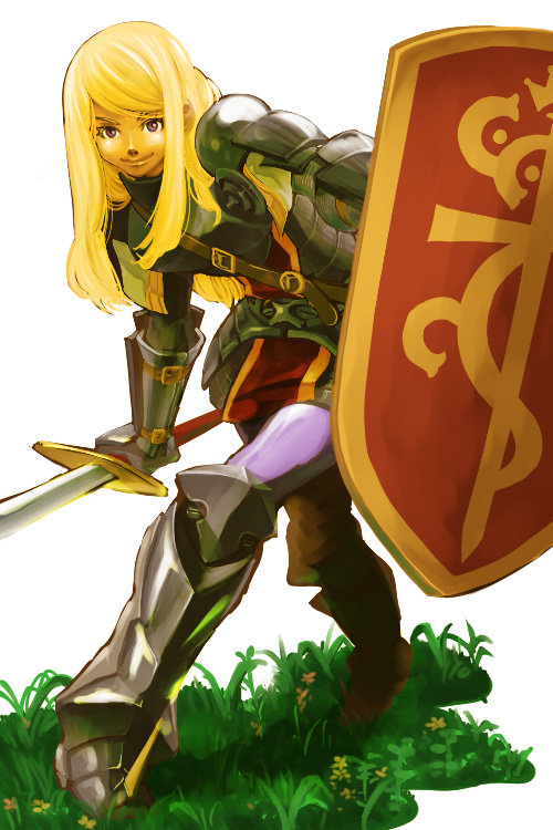 raizou, paladin (sekaiju), paladin 2 (sekaiju), atlus, etrian odyssey, armor, blonde hair, boots, gauntlets, grass, long hair, purple eyes, shield, smile, strap, sword, weapon