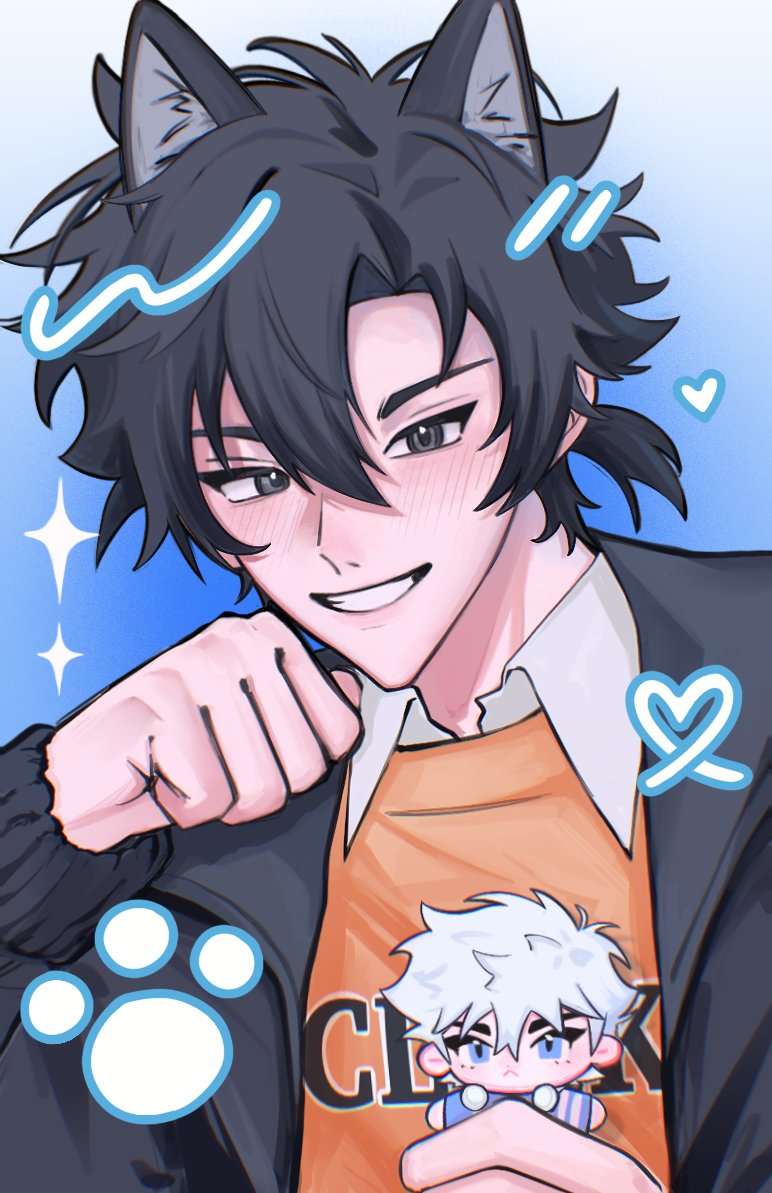 cheng xiaoshi, lu guang, shiguang dailiren, 2boys, animal ears, black eyes, black hair, black jacket, blush, cat ears, chajangg1, clenched hand, gradient background, hair between eyes, heart, holding, holding stuffed toy, jacket, kemonomimi mode, looking at viewer, male focus, multiple boys, open clothes, open jacket, orange shirt, parted bangs, portrait, radial gradient background, shirt, short hair, smile, stuffed toy, white hair