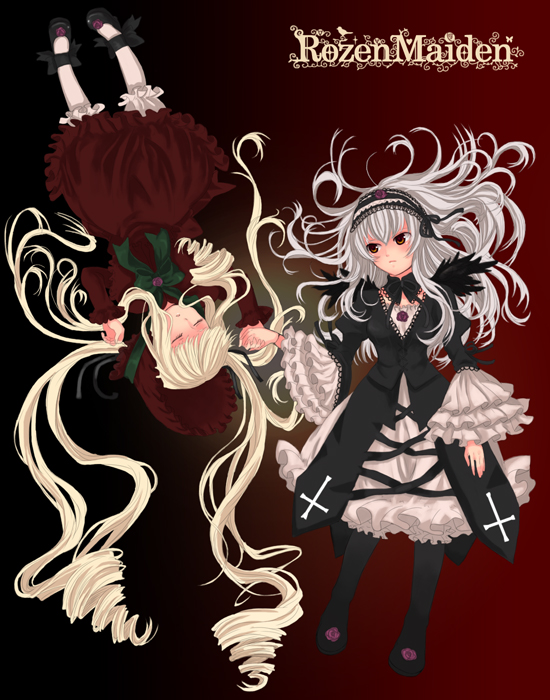 shiratama shima, shinku, suigintou, rozen maiden, silver hair, bad id, bad pixiv id, 00s, blonde hair, closed eyes, long hair, twintails, wings