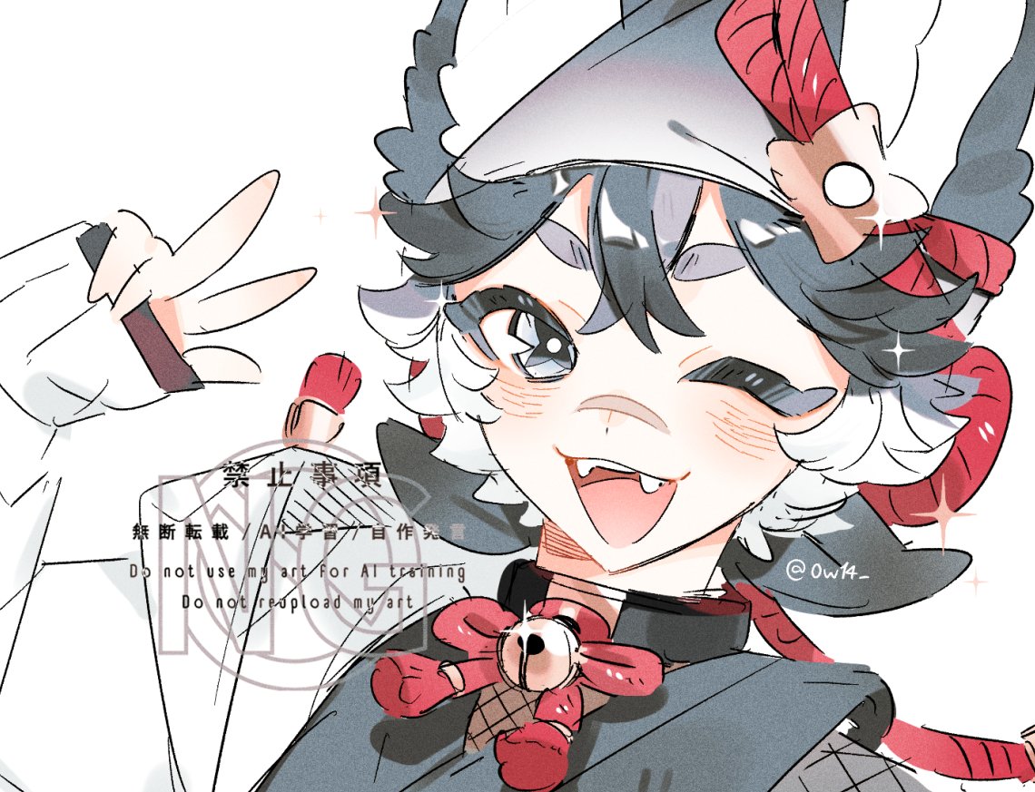 mill hka, original, commentary request, 1boy, animal ears, black hair, blue eyes, cross-shaped pupils, dog boy, dog ears, fangs, hand up, looking at viewer, male focus, one eye closed, scar, scar on face, scar on nose, short hair, simple background, sleeves past wrists, solo, symbol-shaped pupils, thick eyebrows, upper body, v, white background, white hair