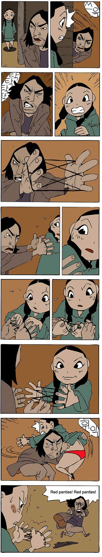 yang young-soon, hard-translated, highres, long image, tall image, third-party edit, black hair, cat's cradle, comic, embarrassed, korean text, panties, pointing, red panties, underwear, what