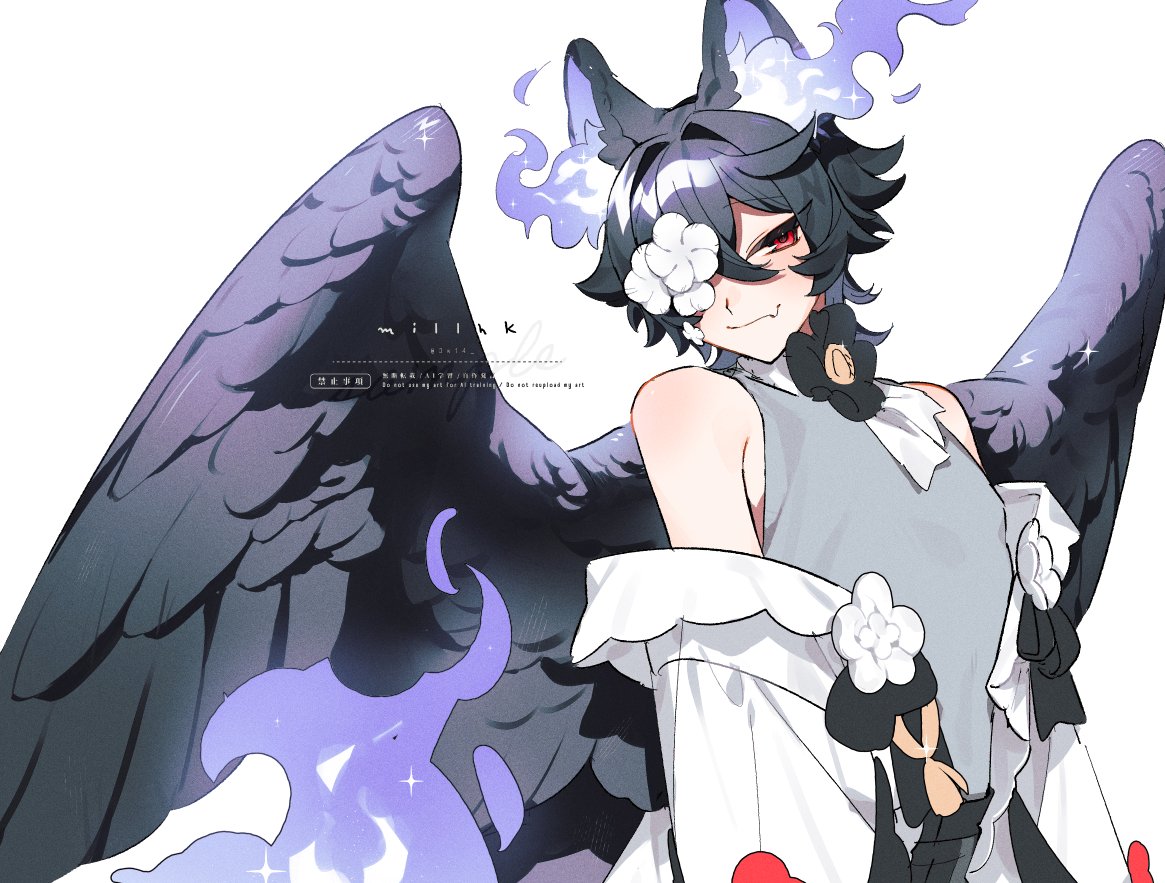 mill hka, original, commentary request, 1boy, animal ears, black hair, black wings, coat, fang, feathered wings, fiery tail, fire, flaming ears, flower, grey shirt, hair flower, hair ornament, hair over one eye, looking at viewer, male focus, red eyes, shirt, simple background, skin fang, sleeveless, sleeveless shirt, solo, tail, upper body, white background, white coat, wings