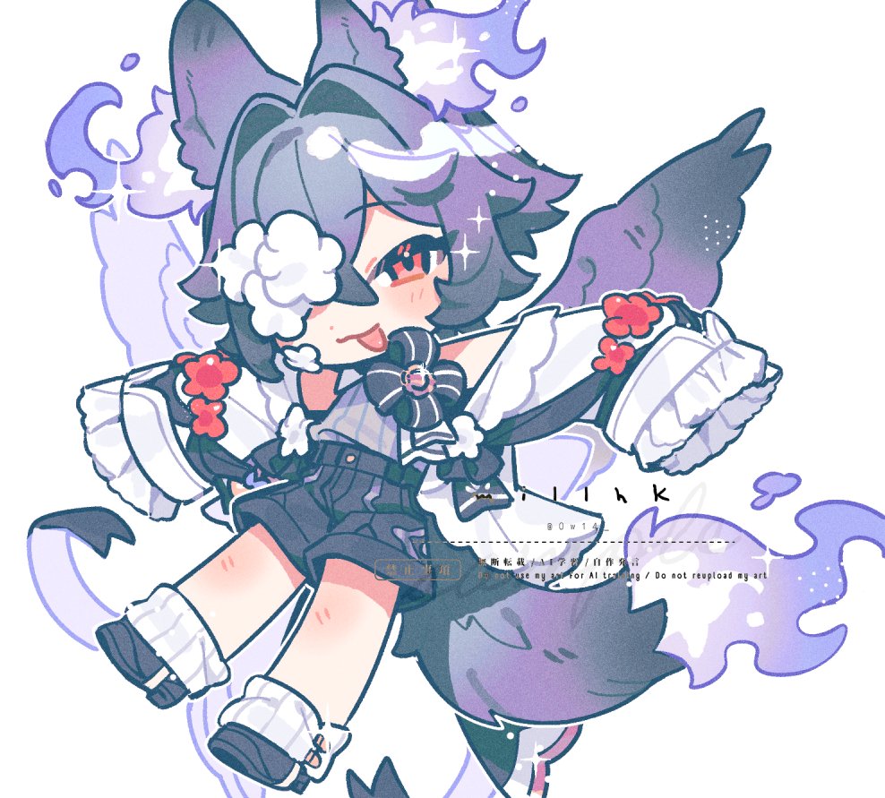 mill hka, original, commentary request, 1boy, animal ears, chibi, coat, feathered wings, fire, flame-tipped tail, flaming ears, flower, grey shirt, hair flower, hair ornament, hair over one eye, looking at viewer, male focus, outstretched arms, purple hair, purple wings, red eyes, shirt, shorts, simple background, sleeveless, sleeveless shirt, spread arms, tail, white background, white coat, wings