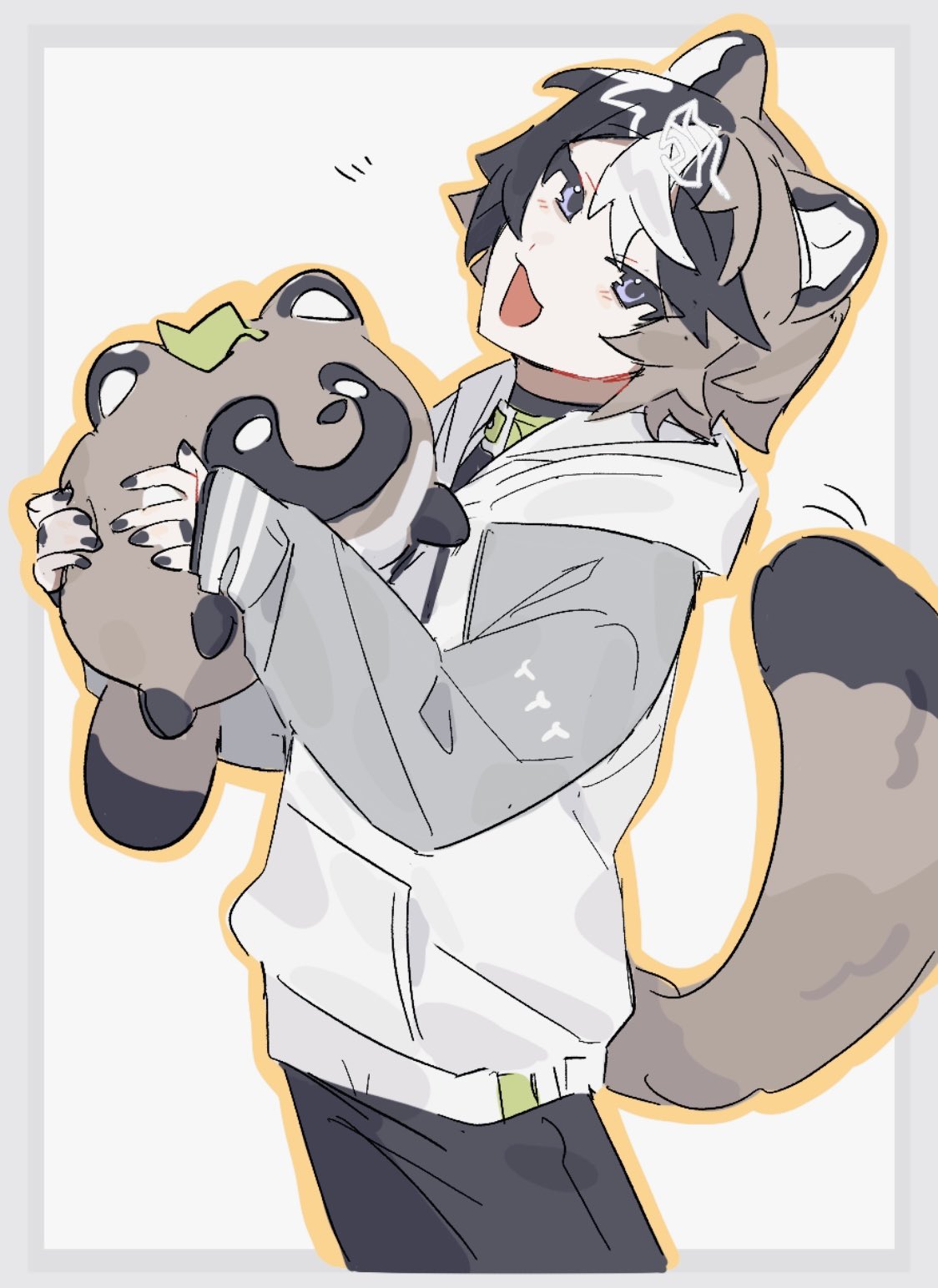 mill hka, original, highres, 1boy, :3, animal collar, animal ears, black hair, blue eyes, border, brown hair, collar, cowboy shot, grey background, grey border, hair ornament, holding, holding stuffed toy, hood, hoodie, leaf hair ornament, looking at viewer, male focus, open mouth, outside border, raccoon boy, raccoon ears, raccoon tail, short hair, sleeveless, sleeveless hoodie, sleeves past wrists, solo, stuffed animal, stuffed tanuki, stuffed toy, tail, white hoodie