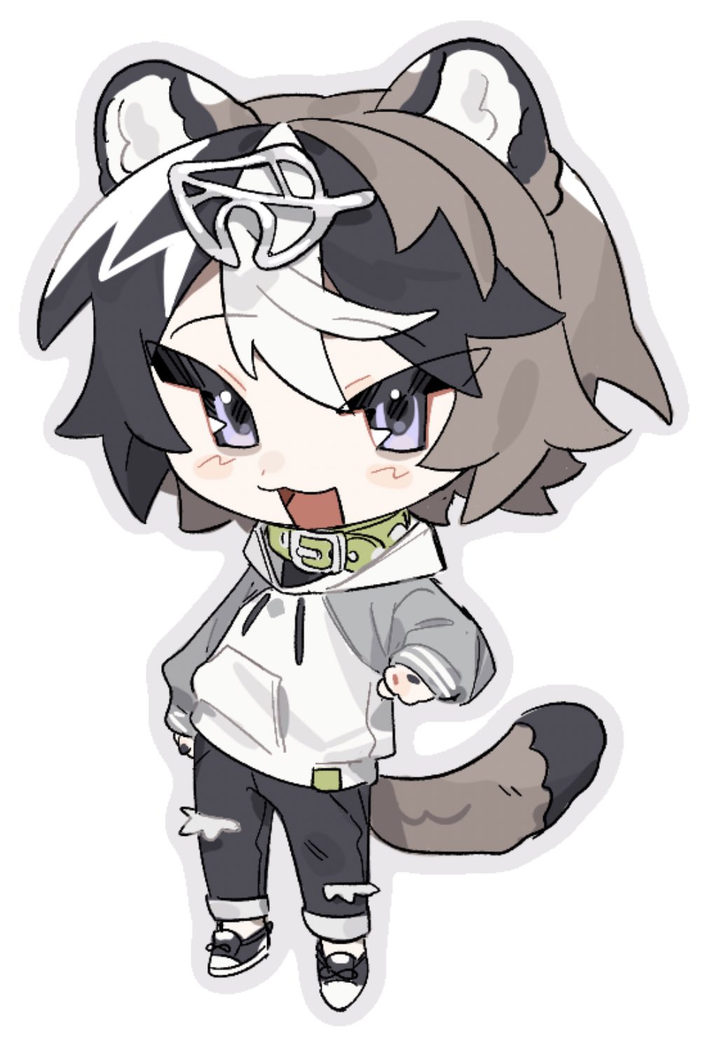mill hka, original, highres, 1boy, :3, animal collar, animal ears, black hair, brown hair, chibi, collar, full body, hair ornament, hood, hoodie, leaf hair ornament, looking at viewer, male focus, open mouth, purple eyes, raccoon ears, raccoon tail, short hair, simple background, sleeveless, sleeveless hoodie, solo, tail, white background, white hoodie