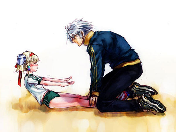nakamura kanko, irui guneden, sanger zonvolt, banpresto, super robot wars, silver hair, 1boy, 1girl, age difference, blonde hair, blush, buruma, child, closed eyes, exercising, gym uniform, hairband, kneeling, midriff, navel, ribbon, shoes, sit-up, sweatdrop, track suit, twintails