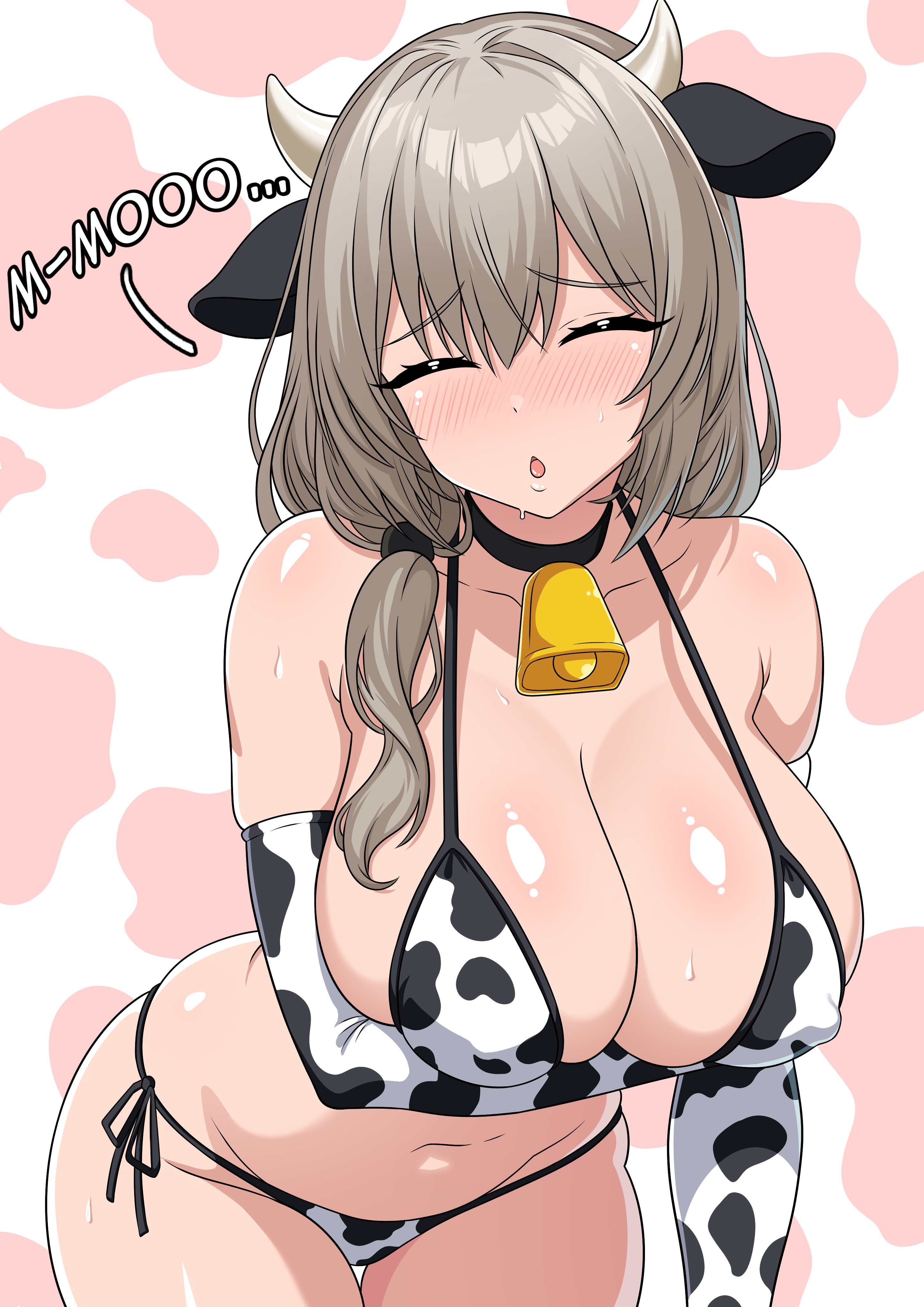 theoiledone, uzaki tsuki, uzaki-chan wa asobitai!, absurdres, commentary, english commentary, highres, 1girl, animal ears, animal print, arm under breasts, bell, bikini, blush, breasts, brown hair, cleavage, closed eyes, covered erect nipples, cow ears, cow horns, cow print, cow print bikini, cow print gloves, cowbell, fake animal ears, fake horns, gloves, groin, horns, huge breasts, leaning forward, medium hair, navel, neck bell, open mouth, print bikini, print gloves, solo, sweat, swimsuit