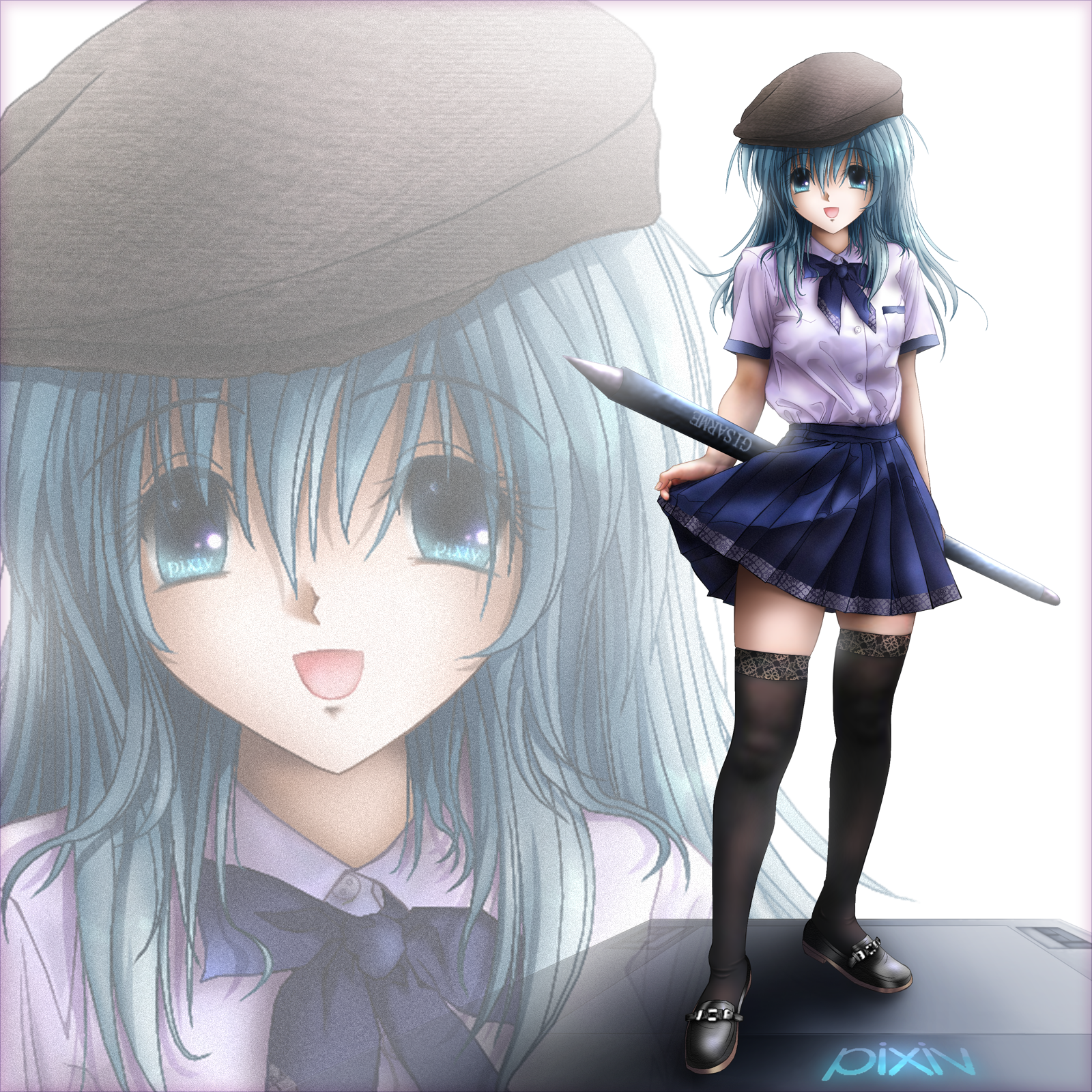 gisarme, pixiv-tan, pixiv, lace-trimmed legwear, highres, aqua eyes, aqua hair, black thighhighs, hat, lace, lace trim, open mouth, pen, skirt, smile, thighhighs
