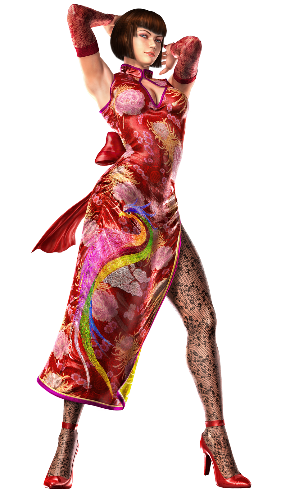 anna williams, tekken, highres, official art, 1girl, 3d, armpits, arms up, bird, bob cut, bow, breasts, brown hair, china dress, chinese clothes, cleavage, cleavage cutout, clothing cutout, dress, eyeshadow, female focus, fishnet pantyhose, fishnets, floral print, full body, high heels, large breasts, lipstick, makeup, pantyhose, peacock, shoes, side slit, smile, solo, transparent background