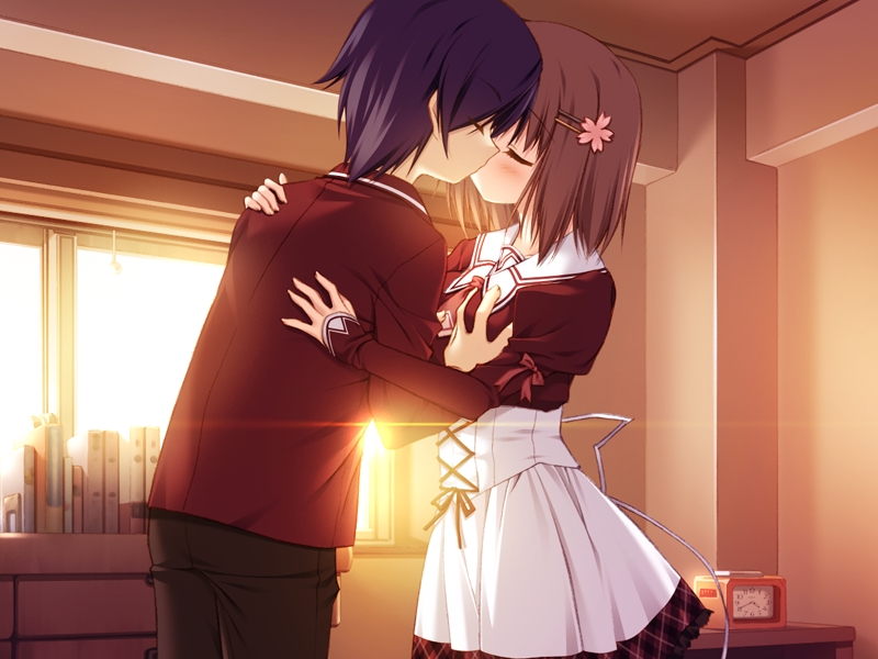 minase yuka, satsuki kakeru, 11eyes, 5pb., game cg, 00s, 1boy, 1girl, breasts, grabbing another's breast, groping, hetero, kiss, school uniform, serafuku, small breasts