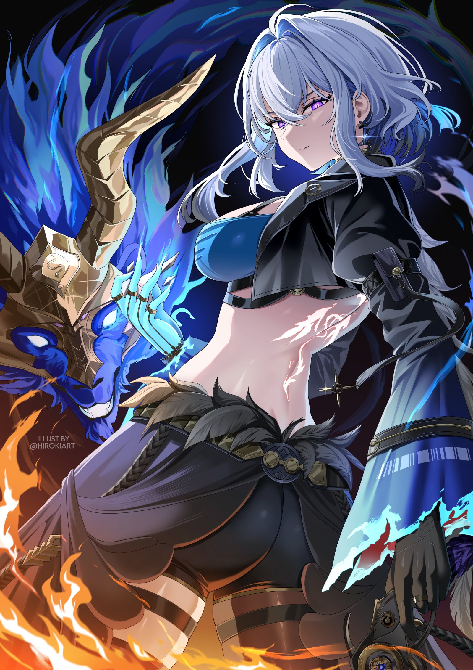 hiroki (hirokiart), galbrena (wuthering waves), wuthering waves, commentary, english commentary, highres, 1girl, ass, back, black jacket, black shorts, blue bra, bra, breasts, closed mouth, cropped jacket, from behind, grey hair, hand up, jacket, looking at viewer, looking back, medium breasts, medium hair, mutation, purple eyes, shorts, solo, tacet discord (wuthering waves), thigh strap, underwear