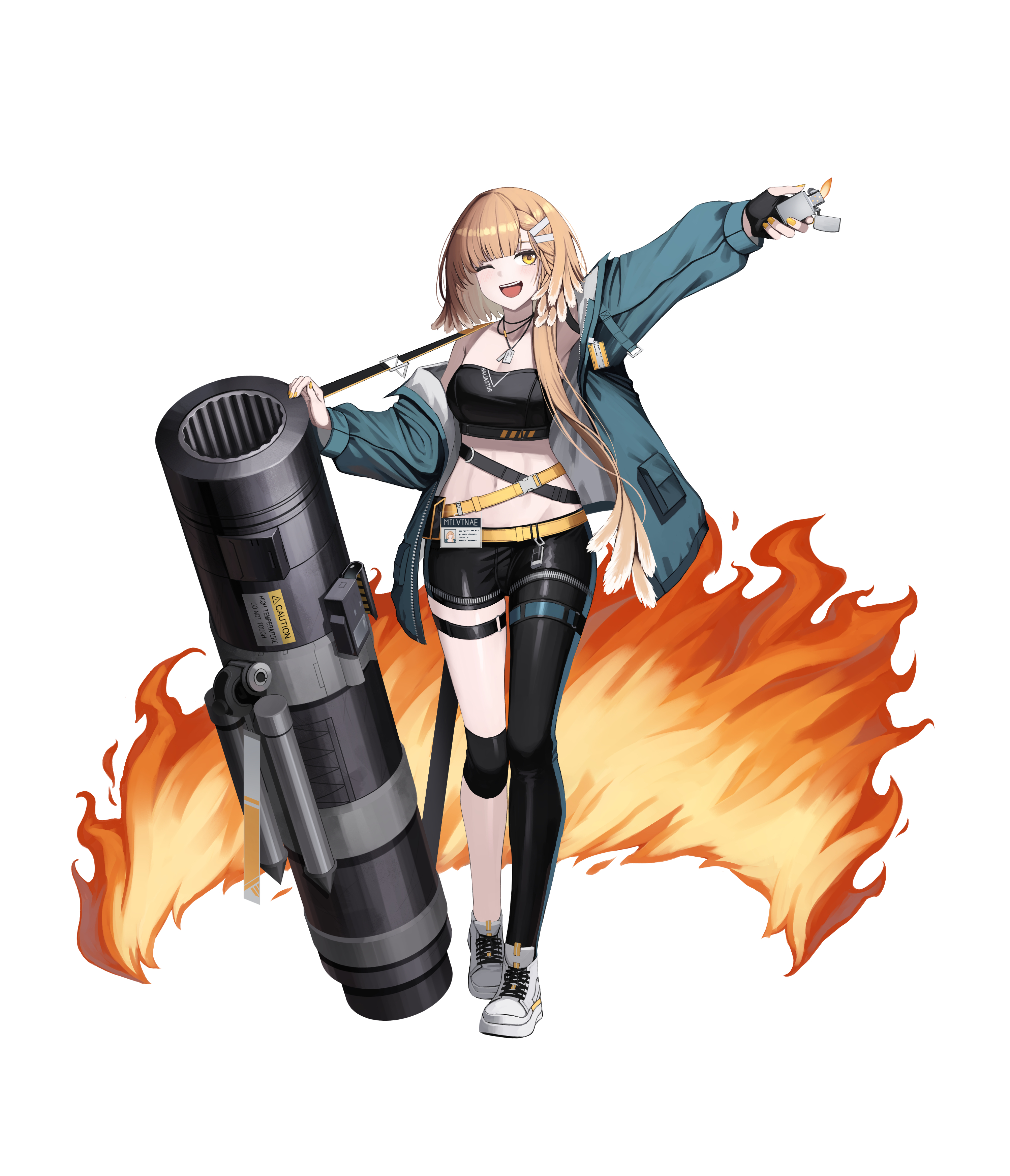 kimsuwan2013, firewhistle (arknights), arknights, absurdres, commentary, highres, 1girl, asymmetrical clothes, bandeau, bird girl, black bandeau, black gloves, black tube top, blush, breasts, brown hair, dog tags, fingerless gloves, fire, gloves, hair ornament, hairclip, holding, holding lighter, id card, jacket, lighter, long sleeves, looking at viewer, midriff, mortar (weapon), navel, one eye closed, open mouth, short hair with long locks, simple background, single fingerless glove, single glove, single pantsleg, smile, solo, strapless, tube top, white background, yellow eyes, yellow nails