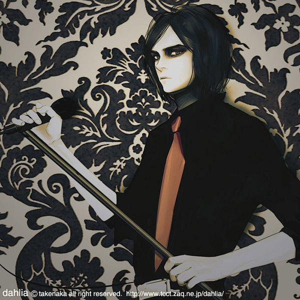 takenaka, 1boy, black hair, formal clothes, male focus, microphone, microphone stand, necktie, short hair, solo, watermark