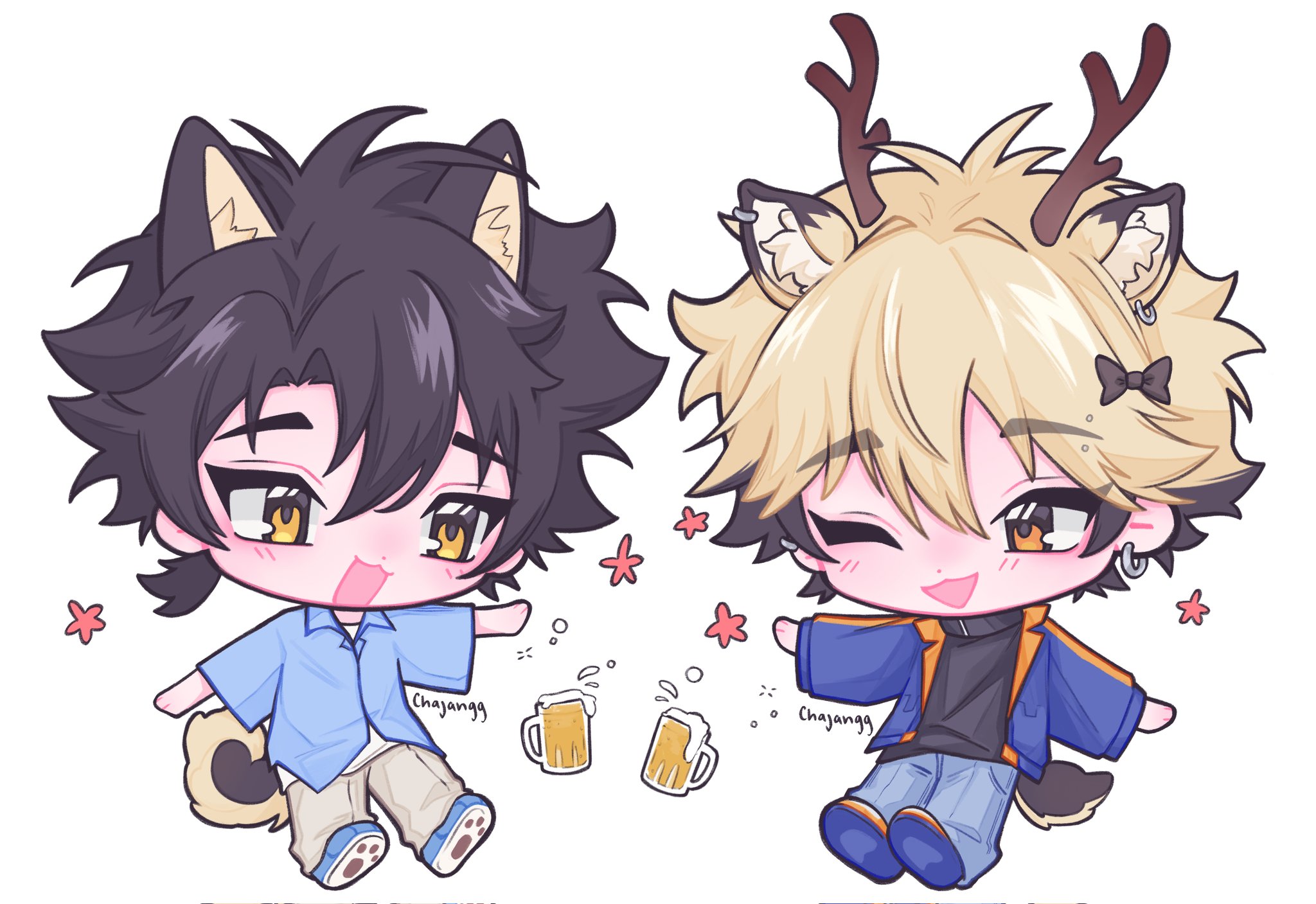 cheng xiaoshi, xia fei, shiguang dailiren, commentary, english commentary, highres, 2boys, :3, animal ear piercing, antlers, beer mug, black bow, black hair, blonde hair, blue jacket, blue shirt, bow, chajangg1, cheng xiaoshi (bridon), chibi, chibi only, cup, deer antlers, ear piercing, eyebrow piercing, face piercing, full body, hair bow, horns, jacket, looking at another, male focus, mug, multiple boys, one eye closed, open clothes, open jacket, open mouth, orange eyes, piercing, ponytail, shirt, short ponytail, simple background, smile, tail, white background
