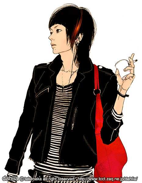 takenaka, striped, 1girl, bag, bracelet, cigarette, earphones, earrings, fashion, female focus, headphones, jacket, jewelry, multicolored hair, necklace, short hair, simple background, smoking, solo, streaked hair, watermark