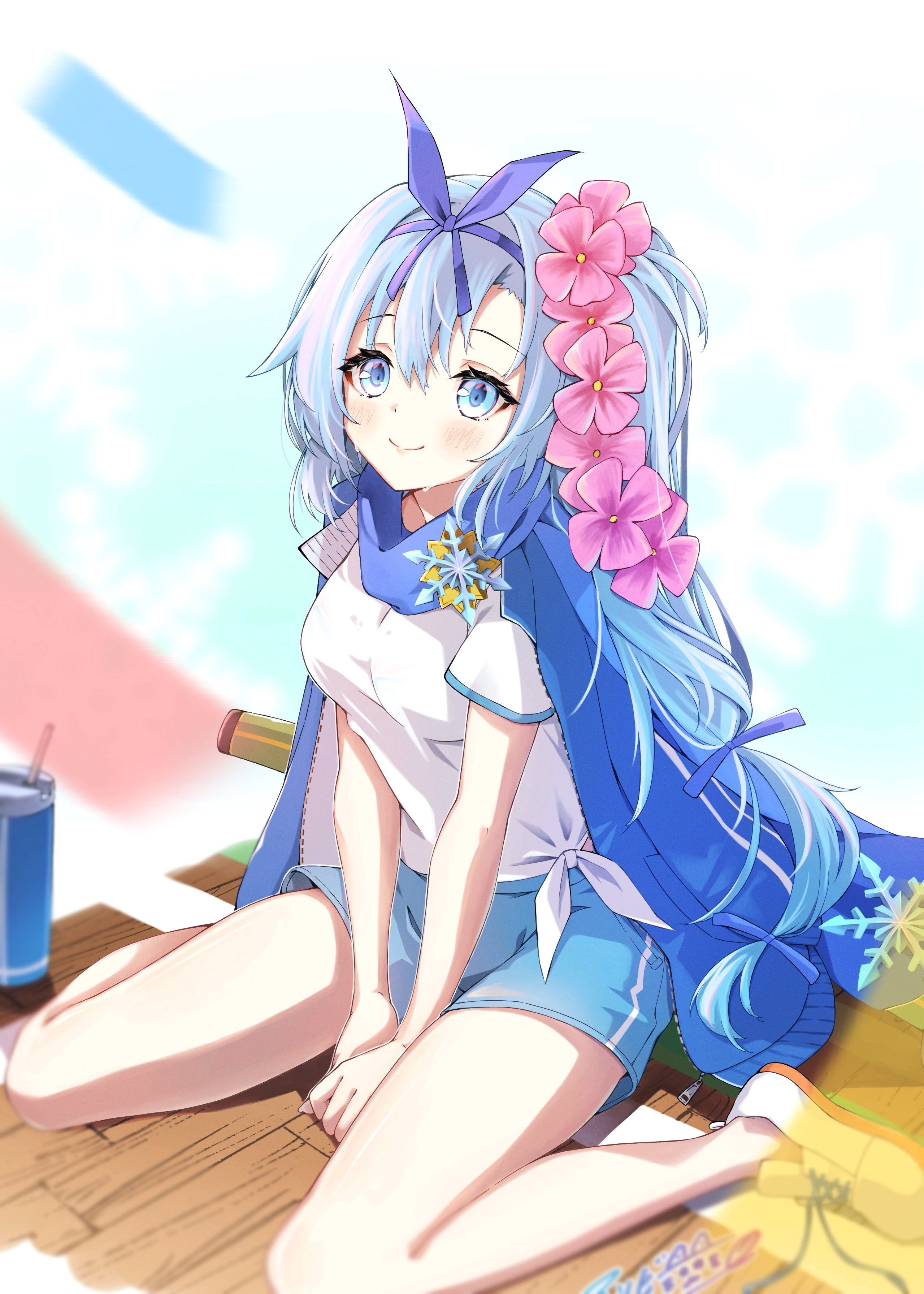 asobineko (neko irastonyan), kousetsu samonji (tenka hyakken), tenka hyakken, absurdres, highres, between legs, blue bow, blue bra, blue eyes, blue hair, blue ribbon, blue scarf, blue shorts, blue sweater, bottle, bow, bra, flower, gym, gym uniform, hair between eyes, hair flower, hair ornament, hand between legs, jacket, jacket on shoulders, light blush, personification, ribbon, scabbard, scarf, see-through clothes, see-through shirt, sheath, shirt, shoes, shorts, side ponytail, sidelocks, sitting, snowflake ornament, sportswear, sweatdrop, sweater, tied shirt, underwear, untied shoelaces, wariza, water bottle, white shirt, white shoes, wooden floor