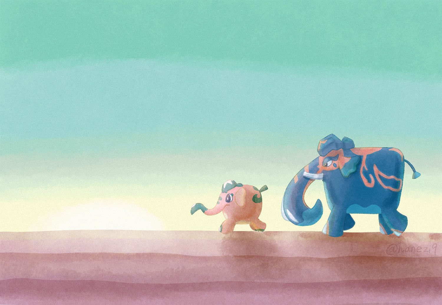devil uo, copperajah, cufant, nintendo, pokemon, blue skin, blue sky, colored skin, day, evolutionary line, from side, gen 8 pokemon, no humans, orange skin, outdoors, pokemon (creature), proboscis, sky