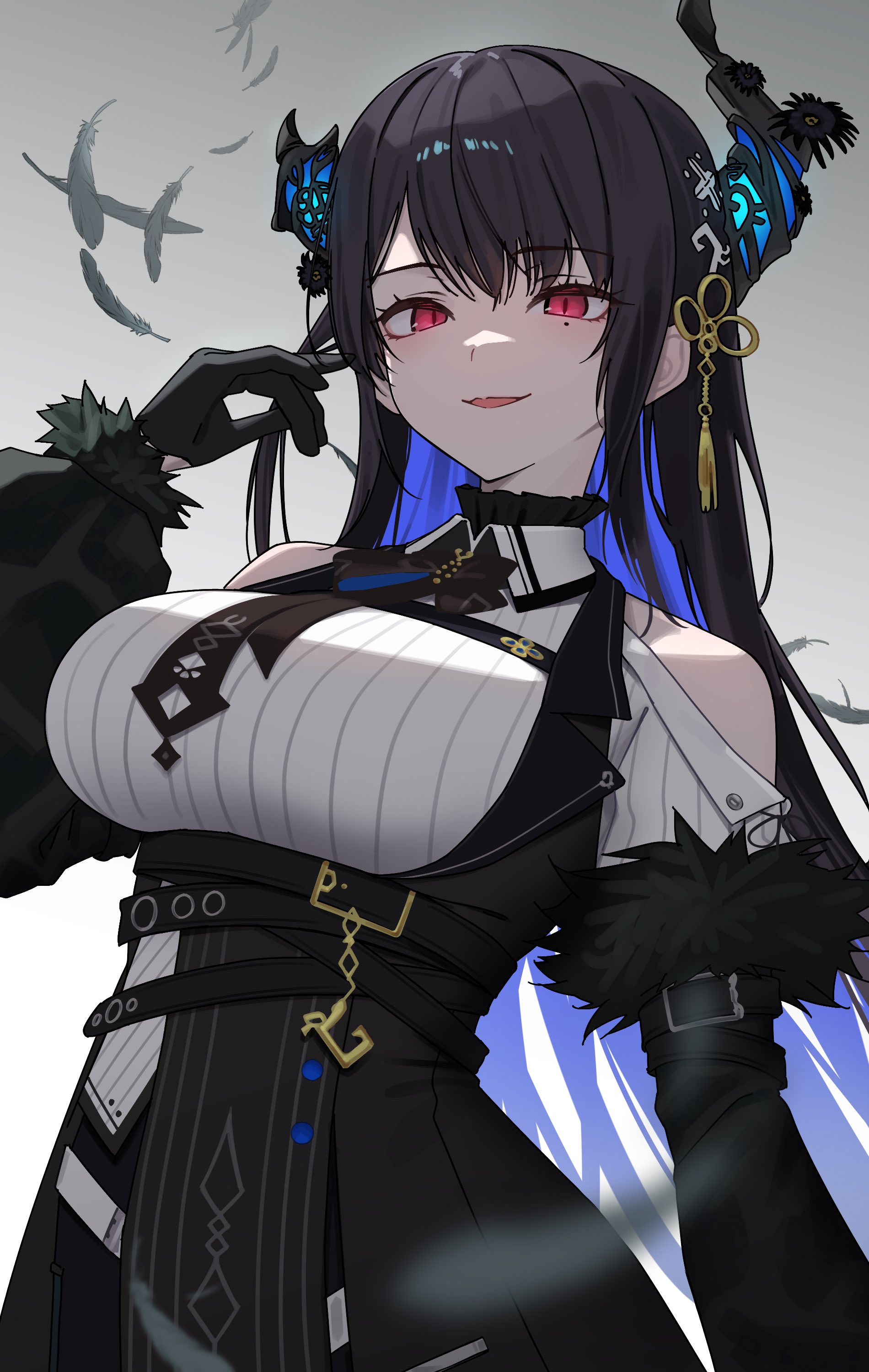 yuri yutaka, nerissa ravencroft, nerissa ravencroft (1st costume), hololive, hololive english, absurdres, highres, 1girl, asymmetrical horns, black gloves, black hair, black sleeves, black vest, blue hair, breasts, colored inner hair, demon horns, dress shirt, fur-trimmed sleeves, fur trim, gloves, gradient hair, grey background, horns, large breasts, long hair, looking at viewer, multicolored hair, red eyes, shirt, solo, vest, virtual youtuber, white shirt