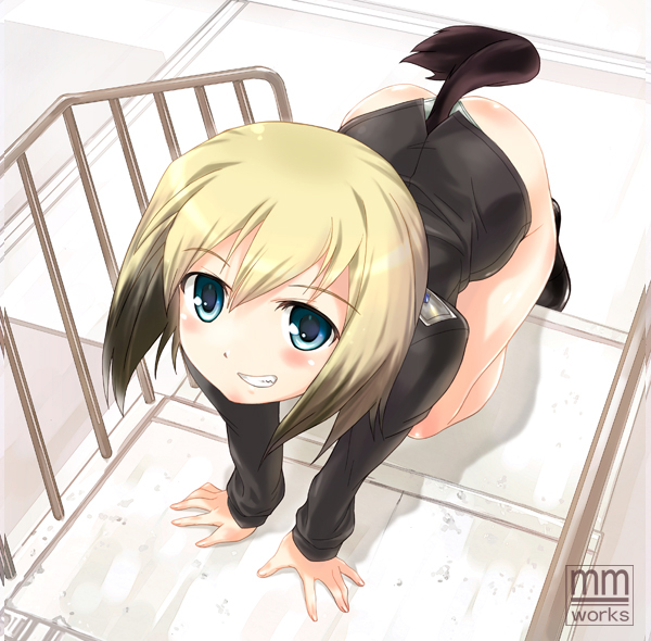 juusensha koubou, erica hartmann, strike witches, world witches series, 00s, 1girl, all fours, blonde hair, blue eyes, blush, female focus, grin, multicolored hair, panties, short hair, smile, solo, stairs, tail, two-tone hair, underwear