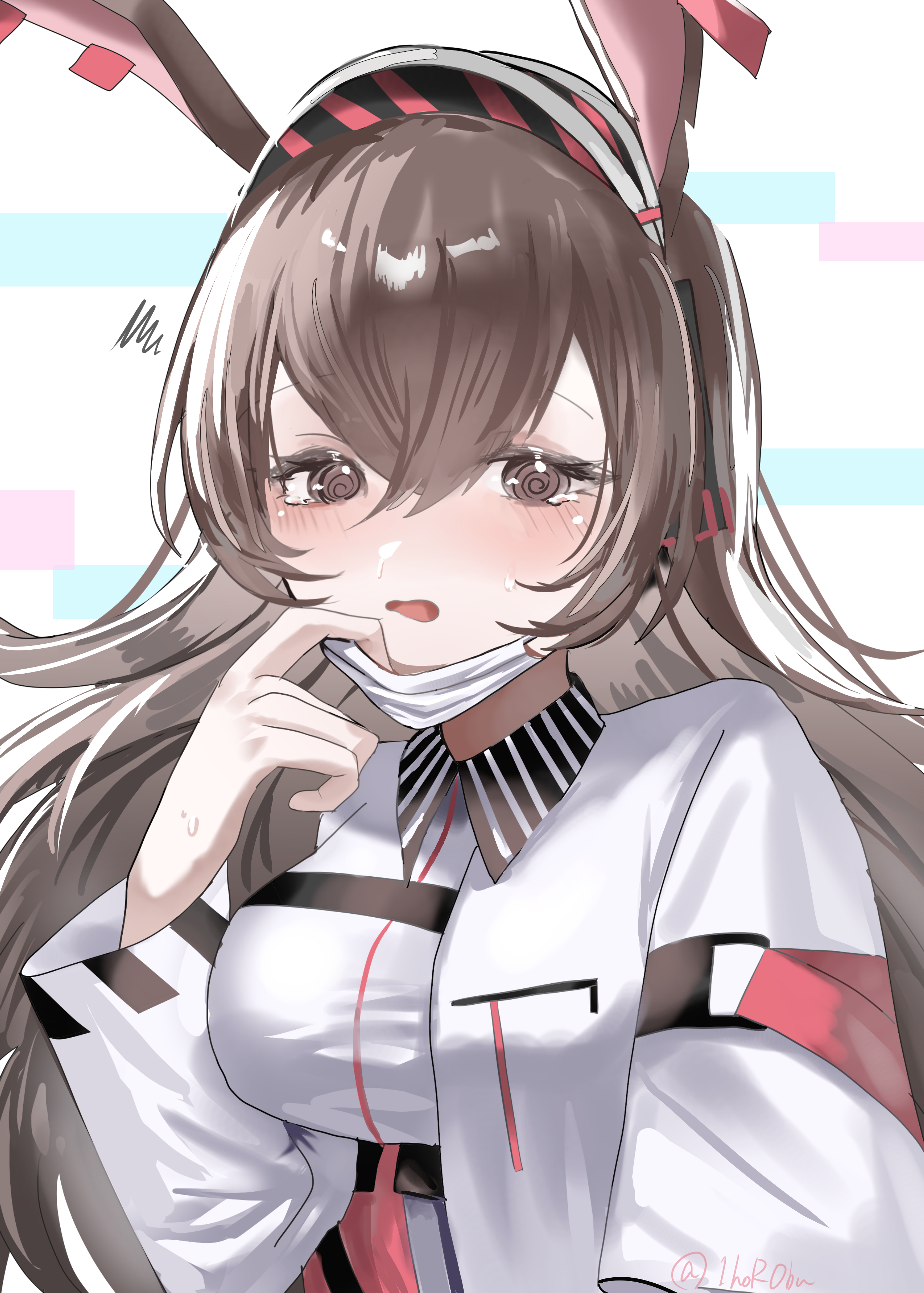horobu, april (arknights), arknights, absurdres, highres, 1girl, @ @, alternate eye color, animal ears, breasts, brown eyes, brown hair, ear tag, headphones, implied extra ears, jacket, long hair, looking at viewer, mask, mask pull, mouth mask, open mouth, rabbit ears, rabbit girl, solo, white jacket