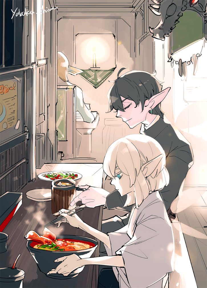 yabuka shiwa, final fantasy, final fantasy xiv, 3boys, beer mug, black hair, blonde hair, blue eyes, bol, chopsticks, cup, food, holding, holding chopsticks, indoors, looking at food, medium hair, mirrow, mug, multiple boys, plate, soup, table, tankard, white hair, wooden table