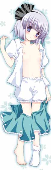 konpaku youmu, touhou, 1girl, black ribbon, blue eyes, blush, dakimakura (medium), female focus, flat chest, full body, nipples, no bra, open clothes, open shirt, open skirt, ribbon, shirt, single sock, skirt, socks, solo, underwear, white background, white hair