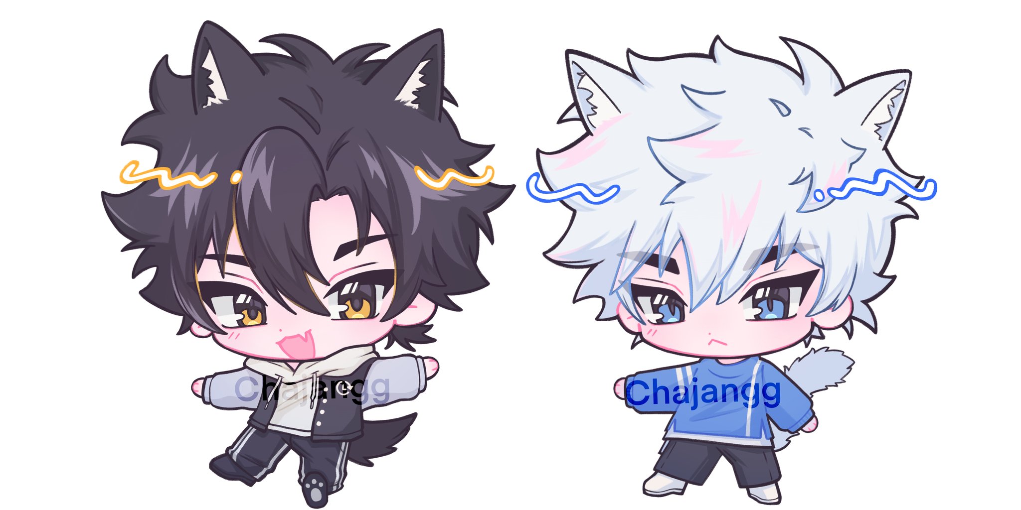 cheng xiaoshi, lu guang, shiguang dailiren, highres, 2boys, animal ears, black hair, blue eyes, blue shirt, chajangg1, cheng xiaoshi (s2), chibi, chibi only, closed mouth, full body, hair between eyes, hood, hoodie, jacket, kemonomimi mode, letterman jacket, long sleeves, looking at viewer, lu guang (lf), male focus, multiple boys, open clothes, open jacket, open mouth, outstretched arm, outstretched arms, parted bangs, shirt, short hair, simple background, smile, tail, white background, white hair, white hoodie