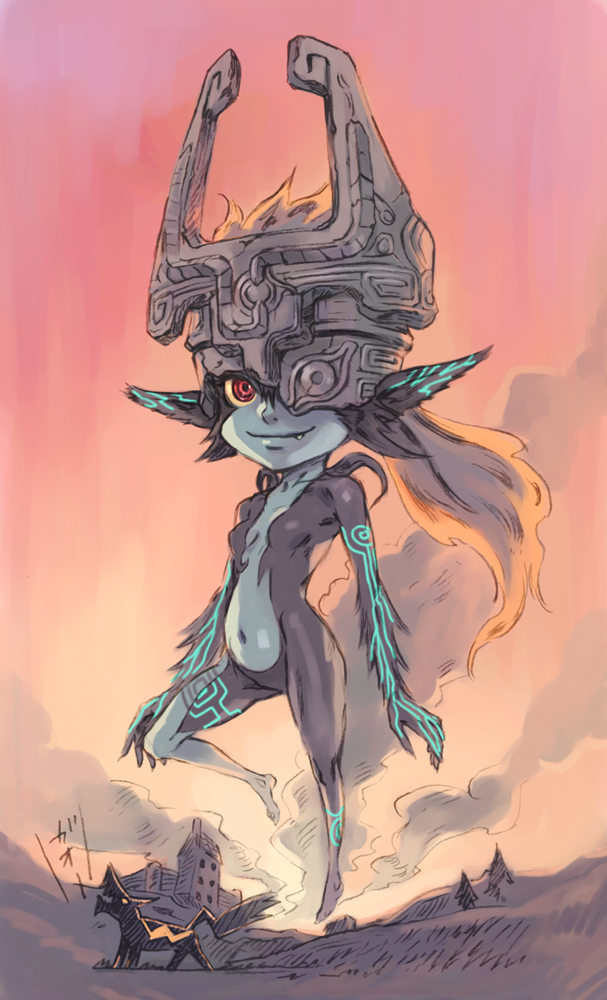 midna, nintendo, the legend of zelda, the legend of zelda: twilight princess, 1girl, female focus, helmet, low ponytail, pointy ears, ponytail, red eyes, solo