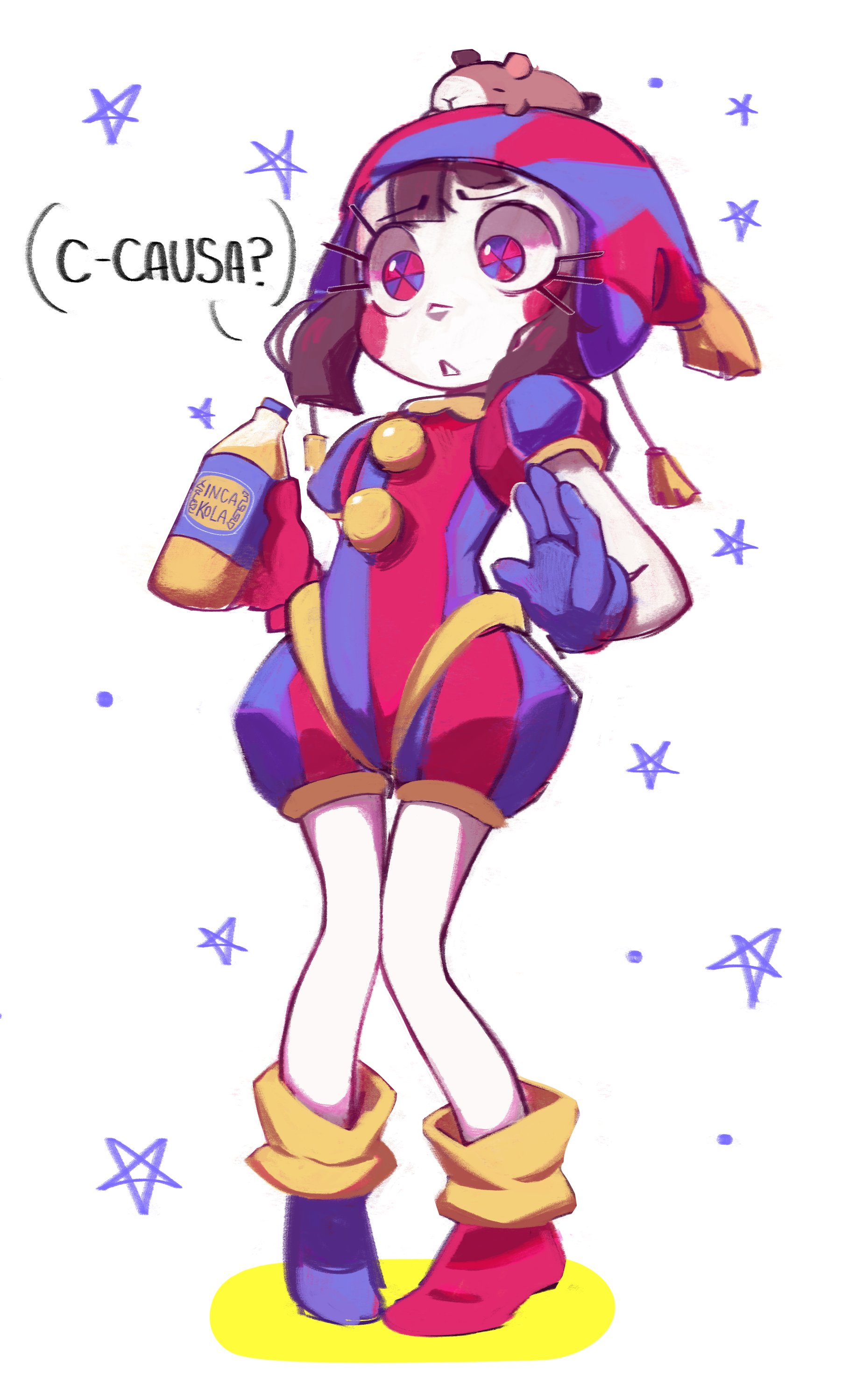 cherri saurio, pomni (the amazing digital circus), the amazing digital circus, absurdres, commentary request, highres, 1girl, asymmetrical footwear, asymmetrical gloves, black hair, blue eyes, blue gloves, blue shoes, bottle, full body, gloves, hat, hat bell, holding, holding bottle, jester cap, jester costume, mismatched footwear, mismatched gloves, mouse on head, multicolored eyes, red eyes, red gloves, red shoes, shoes, solo, spanish commentary, star (symbol), striped clothes, striped headwear, two-tone eyes, vertical-striped bodysuit, vertical-striped clothes, vertical-striped headwear
