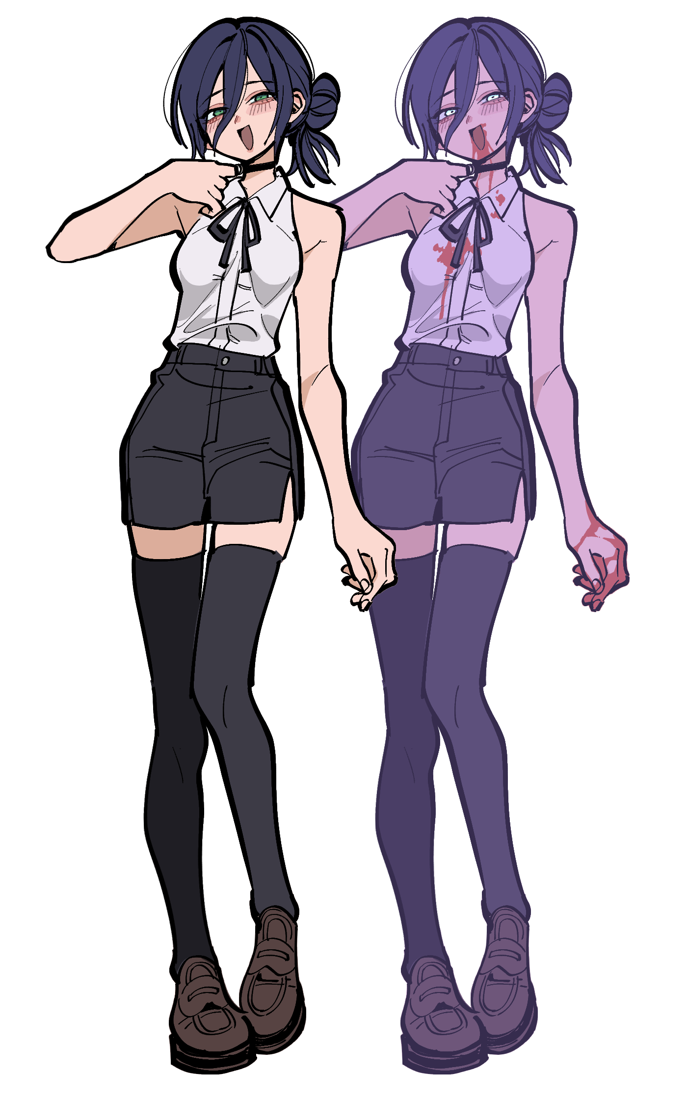 margare, reze (chainsaw man), chainsaw man, highres, 1girl, black choker, black hair, black ribbon, black shorts, black thighhighs, blood, blood on clothes, blood on face, blood on hands, choker, collared shirt, green eyes, hair between eyes, hair bun, looking at viewer, neck ribbon, open mouth, ribbon, shirt, shirt tucked in, shorts, simple background, sleeveless, sleeveless shirt, thighhighs, white background, white shirt