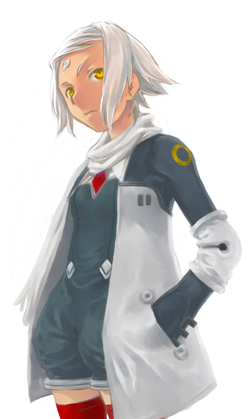 nfb-zmc, lal'c mellk mal, top wo nerae! (series), top wo nerae 2!, highres, 00s, 1girl, dark-skinned female, dark skin, female focus, hand in pocket, jacket, romper, short hair, solo, thighhighs, white hair, yellow eyes