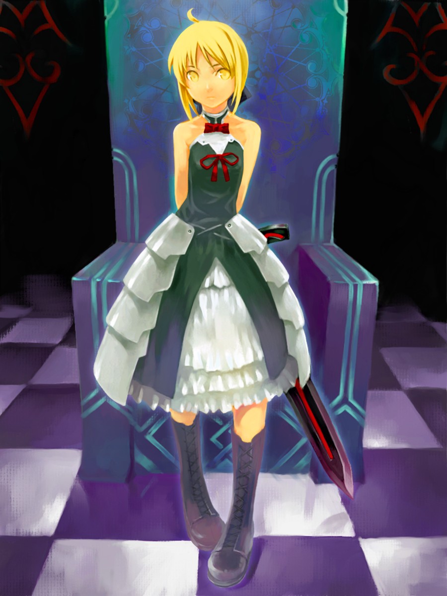 nfb-zmc, artoria pendragon (fate), saber (fate), saber alter, fate/stay night, fate (series), highres, 00s, 1girl, armor, armored dress, bare shoulders, blonde hair, boots, dress, excalibur morgan (fate), female focus, full body, sleeveless, solo, sword, weapon, yellow eyes