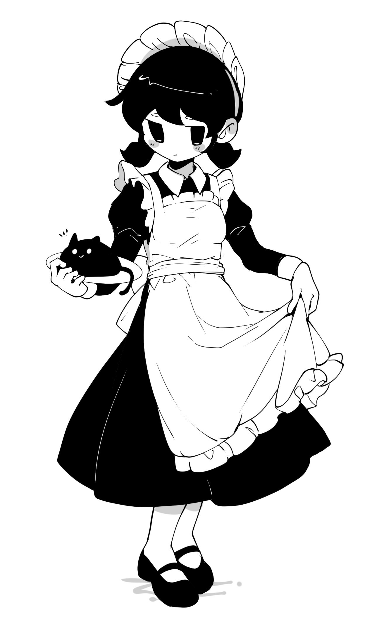 zs zealsummer, mewo, omori (omori), omori, commentary, english commentary, highres, 1girl, alternate costume, animal, apron, apron hold, breasts, cat, closed mouth, collared dress, contrast collar, double-parted bangs, dress, enmaided, frilled apron, frills, full body, genderswap, genderswap (mtf), greyscale, hair between eyes, headdress, high contrast, holding, holding plate, jitome, juliet sleeves, legs together, long dress, long sleeves, looking at viewer, low twintails, maid, maid apron, maid headdress, mary janes, monochrome, no nose, no pupils, plate, puffy sleeves, shoes, short hair, short twintails, sideways glance, simple background, small breasts, smile, solid eyes, solo, standing, twintails, white background