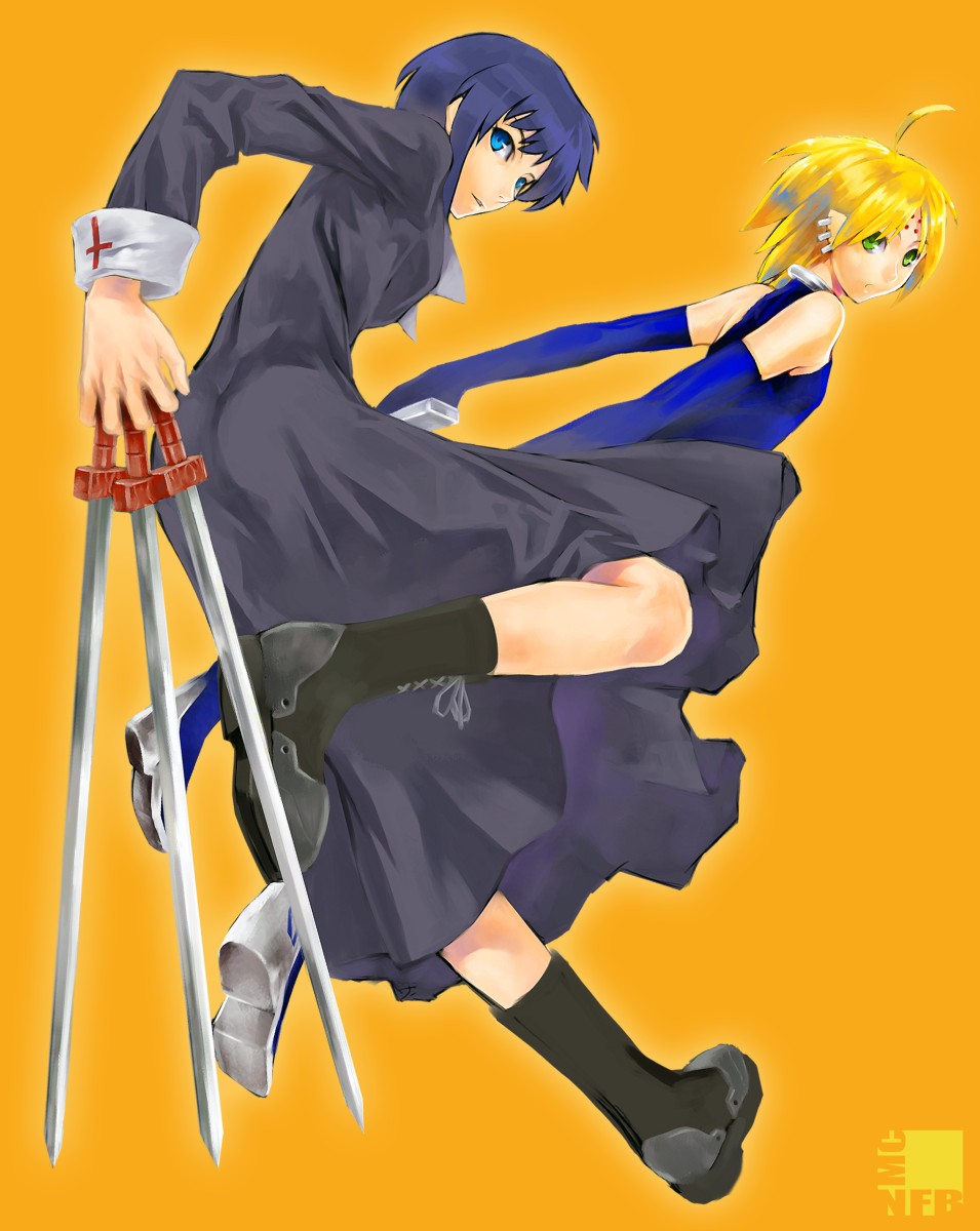 nfb-zmc, ciel (tsukihime), nanako, nanako (tsukihime), tsukihime, highres, 00s, 2girls, ahoge, black keys (type-moon), blonde hair, blue hair, boots, detached sleeves, earrings, hooves, horse tail, jewelry, multiple girls, pointy ears, short hair, tail, weapon