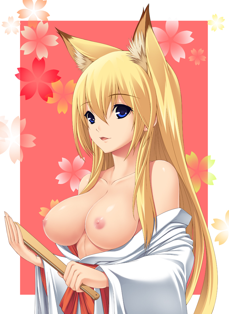 somejima, tenko kuugen, wagaya no oinari-sama, bad id, bad pixiv id, 00s, 1girl, animal ears, bare shoulders, blonde hair, blue eyes, breasts, female focus, fox ears, hand fan, japanese clothes, large breasts, laughing, long hair, nipples, open clothes, solo