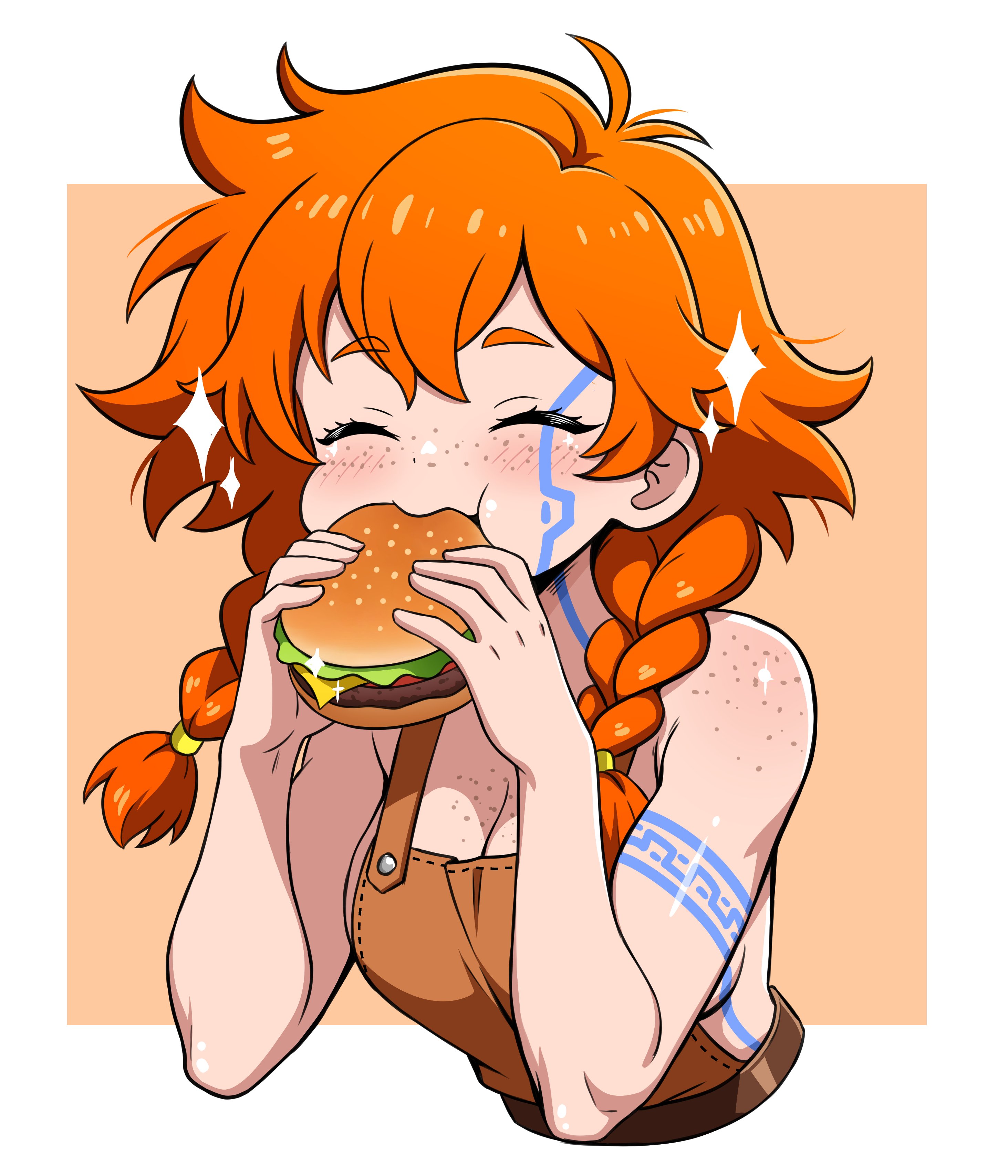 theoiledone, original, absurdres, commentary, english commentary, highres, 1girl, apron, armpit crease, blush, body freckles, border, braid, breast freckles, breasts, brown apron, burger, cleavage, closed eyes, cropped torso, eating, food, freckles, holding, holding burger, holding food, large breasts, medium hair, orange background, orange hair, outside border, shadow, short twintails, shoulder freckles, solo, sparkle, twintails, white border