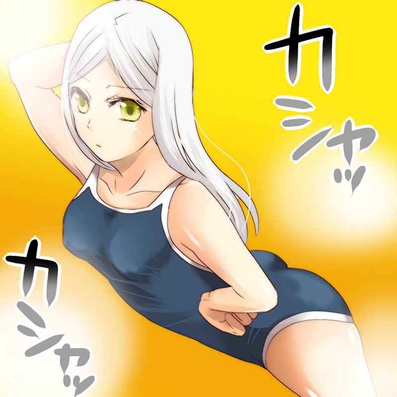 chiha, soma peries, gundam, gundam 00, silver hair, bad id, bad pixiv id, 00s, 1girl, breasts, competition school swimsuit, covered erect nipples, female focus, long hair, one-piece swimsuit, school swimsuit, small breasts, solo, swimsuit, yellow eyes